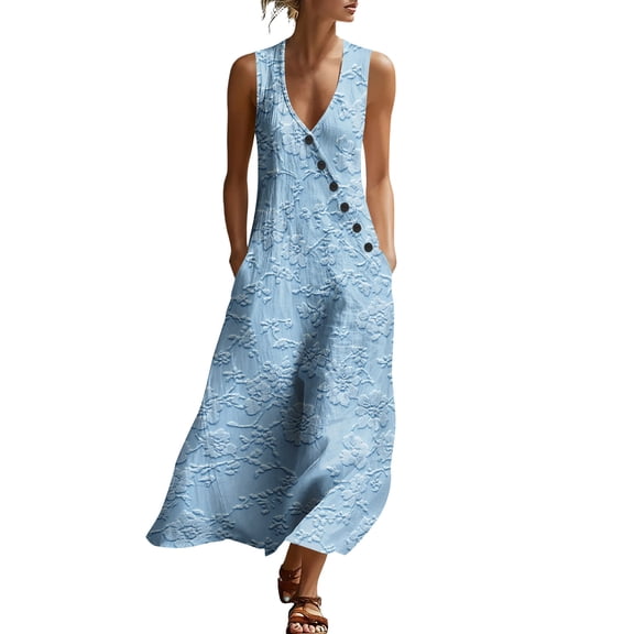 Ruimatai Women's Sleeveless Maxi Dress Casual V-Neck Button Down Floral Print Loose Fit Summer Dress for Daily Vacation