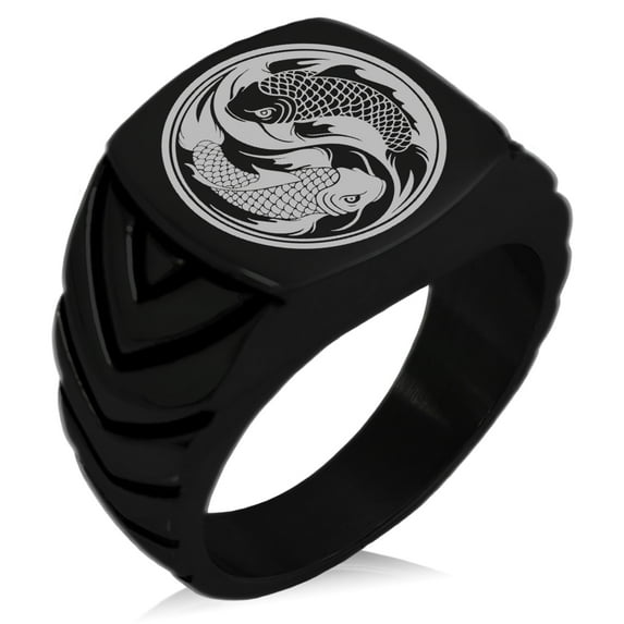 Stainless Steel Koi Fish Yin Yang Chevron Pattern Biker Style Polished Ring