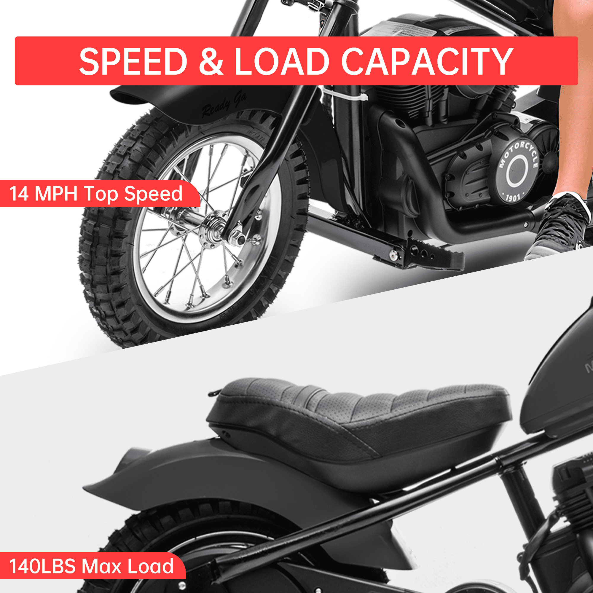 Towallmark 24V Kids Electric Dirt Bike, 14 MPH Chain Driven Motor, 150LB Weight Capacity, 12" Air-Filled Tires, Handbrake & Shock Absorbers, for Boys & Girls​，Black