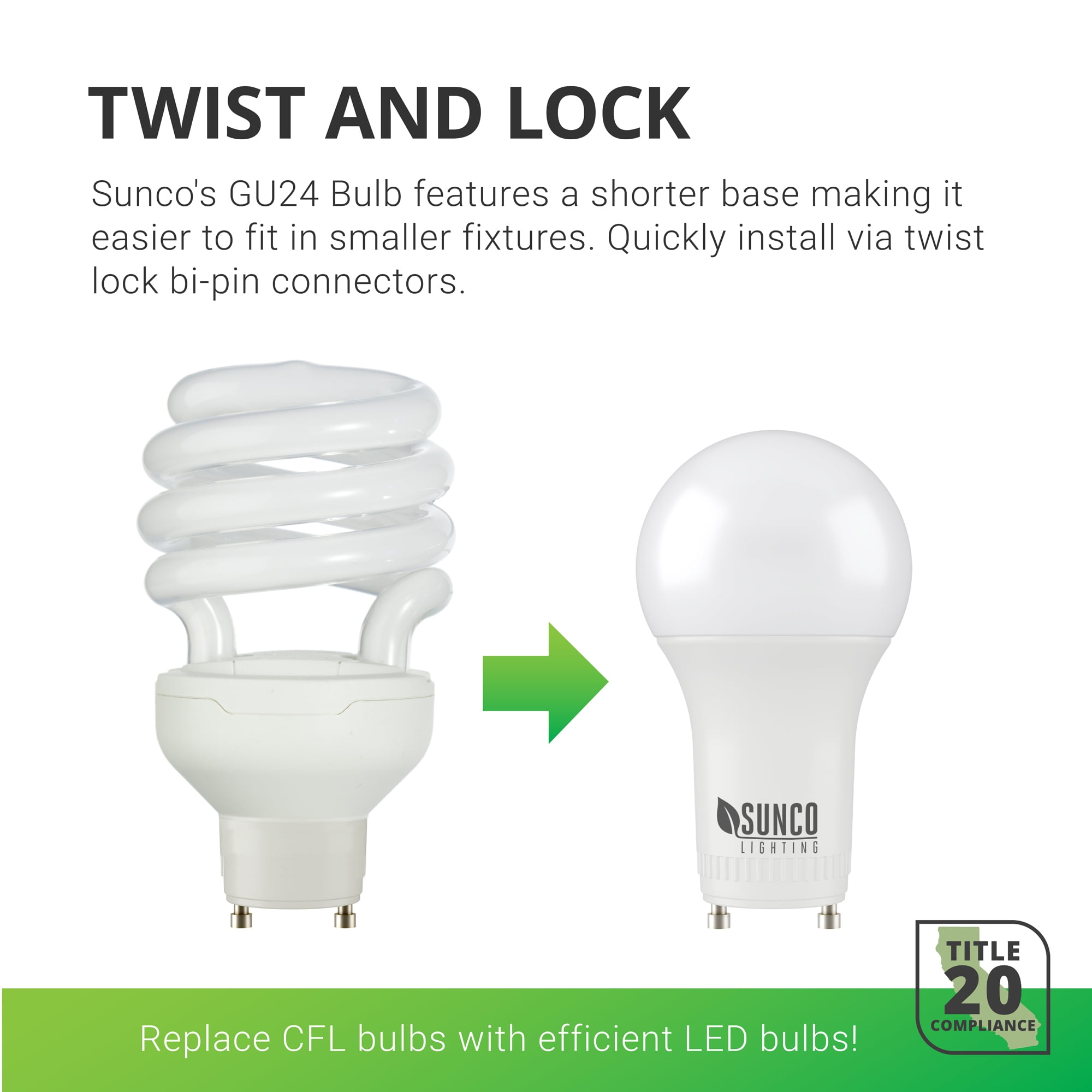 Sunco 6 Pack A19 LED Bulb, 9W=60W CFL Replacement, 2700K Daylight, 800 LM, Dimmable, Twist and Lock GU24 Pin Base, Indoor Light - UL