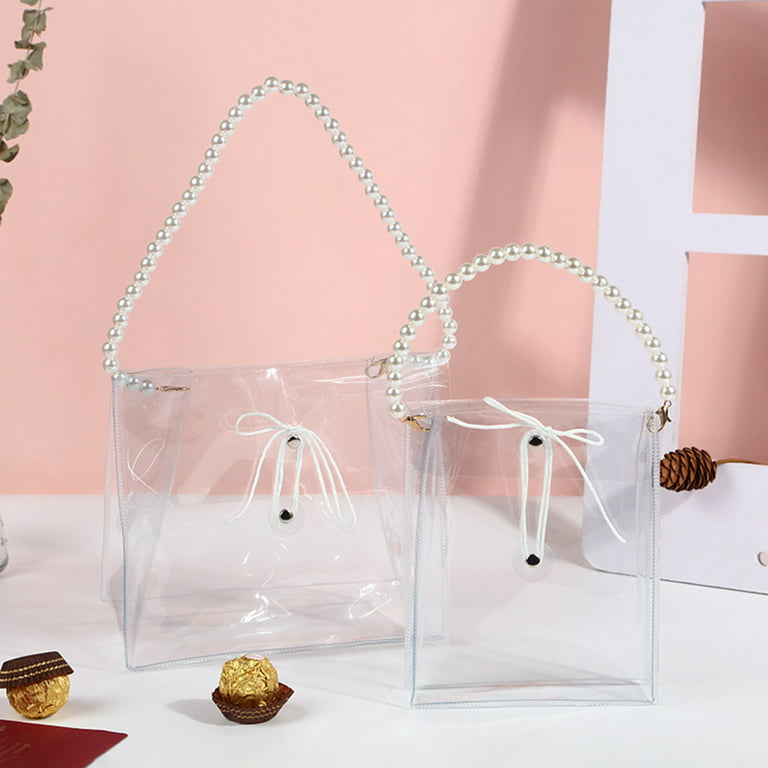 Leaveforme 2 Pieces Clear PVC Plastic Gift Bags with Pearl Chain Handles Transparent  Gift Bags Bulk Reusable Tote Bags for Shopping School Wedding Birthday Baby  Shower Party 