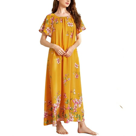 

Elegant Floral Print Round Neck Nightgowns Short Sleeve Mustard Yellow Womens Nightgowns & Sleepshirts (Women s)