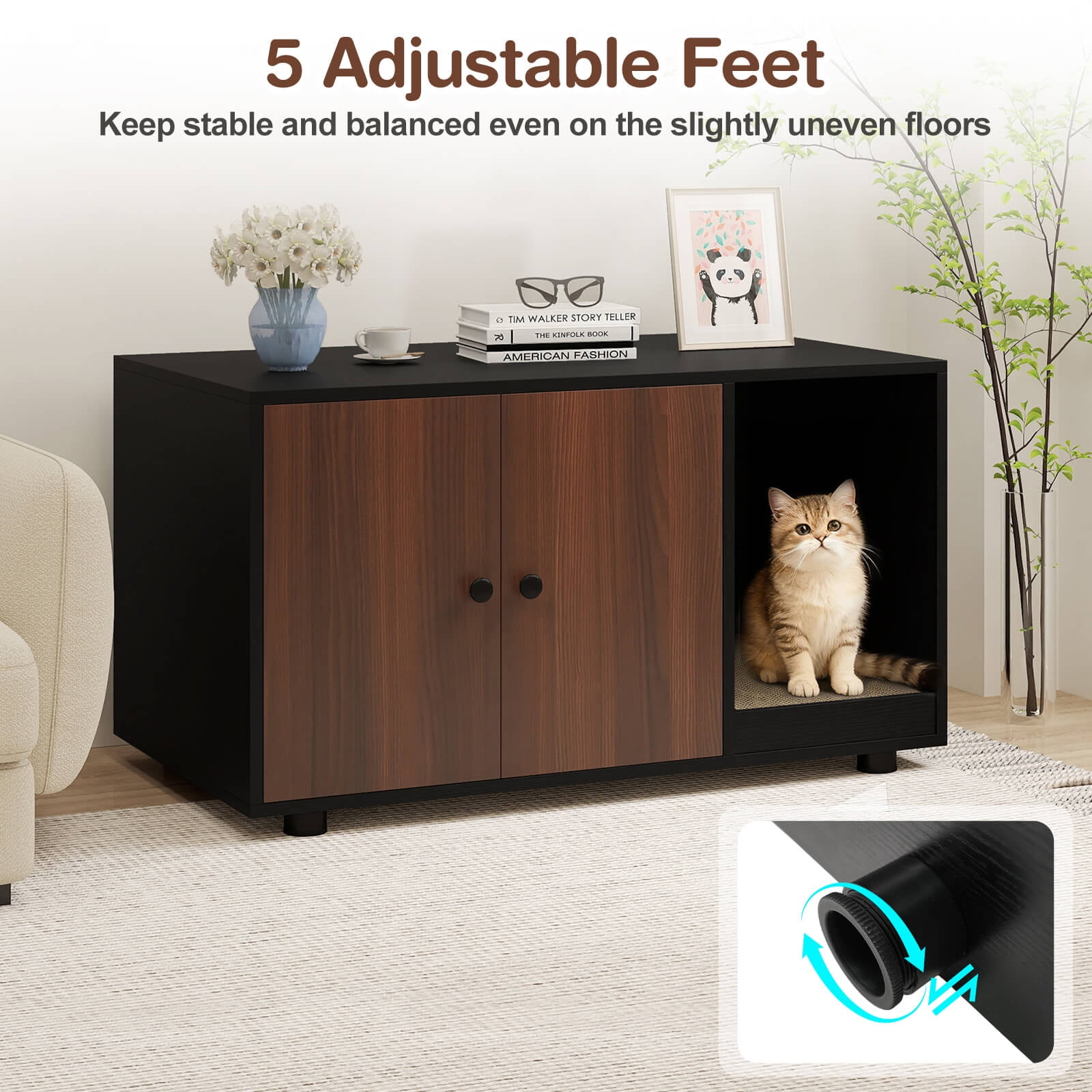 Costway Wooden Cat Litter Box Enclosure, Hidden Litter Box Furniture with Scratching Board Black