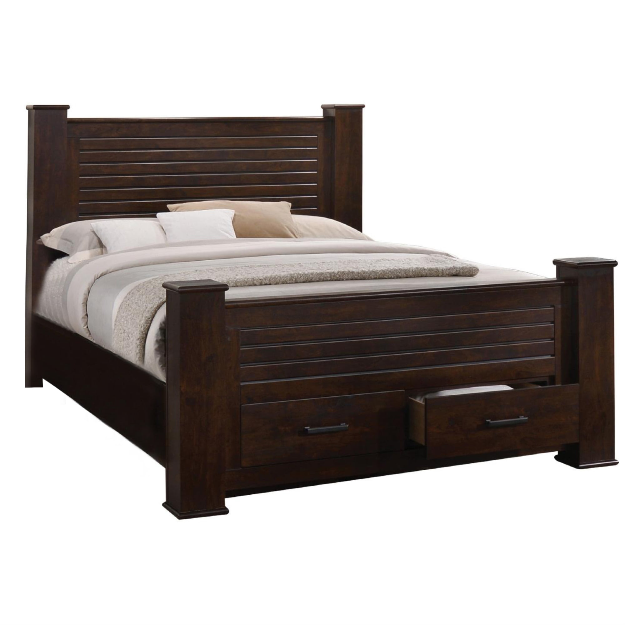 Grooved Eastern King Size Bed with Storage Footboard, Dark Brown