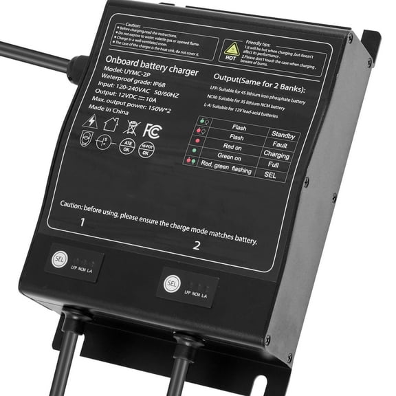 KFFKFF Marine Battery Charger, 2-Bank, 10A 12V Onboard Charger, IP68 Waterproof Smart Battery Charger, Compatible with Lithium-Ion (LiFePO4), NCM, Lead-Acid Batteries, Suitable for Boats, Yachts
