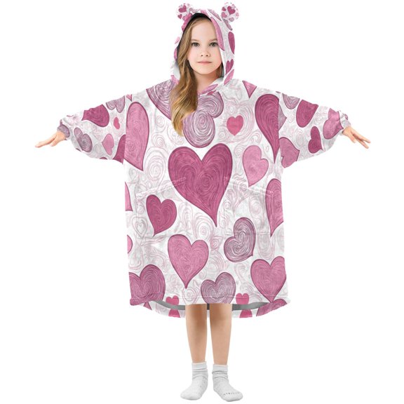 Wearable Blanket with Sleeves and Pocket Oversized Hooded Sweatshirt 3-14 YR Pink and Maroon Hearts S