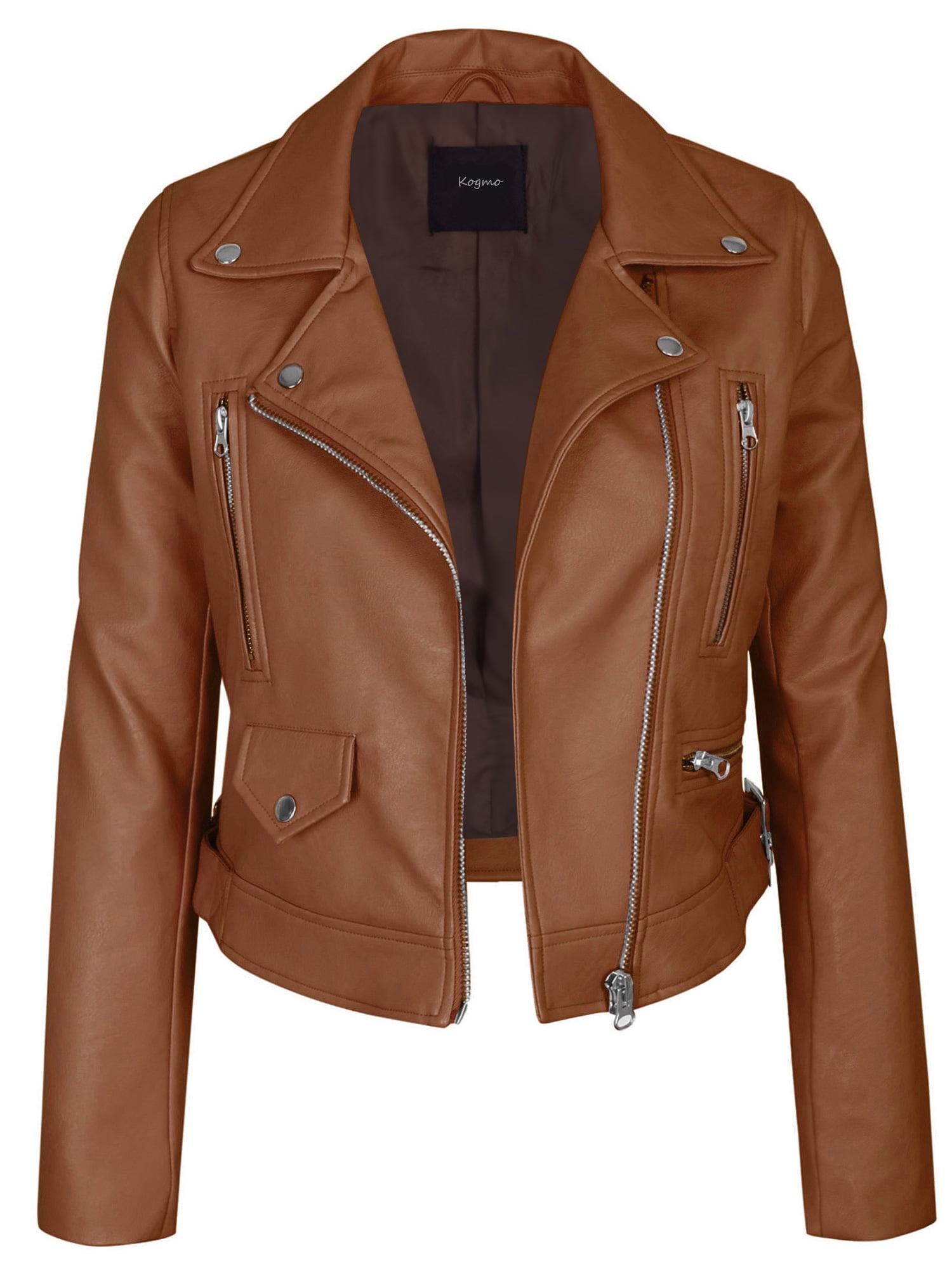 KOGMO Womens Double Breasted Faux Leather Zip Up Jacket - Walmart.com