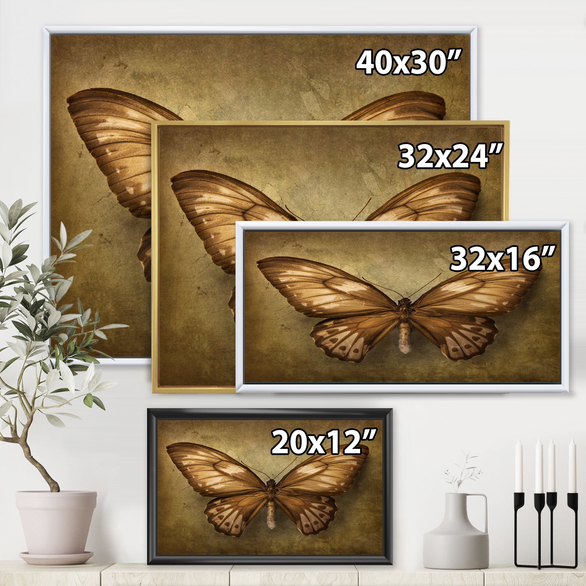 Designart 'Ancient Butterfly In Earth Tones' Vintage Framed Canvas Wall Art Print