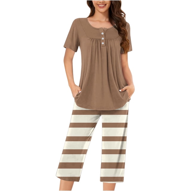Jamicy Ensemble de Pyjamas pour Femmes Mode Décontractée Ample Rayé Imprimé Col Rond Boutonné Manches Courtes avec Pantalon Court Ensemble de Pyjamas pour Femmes
