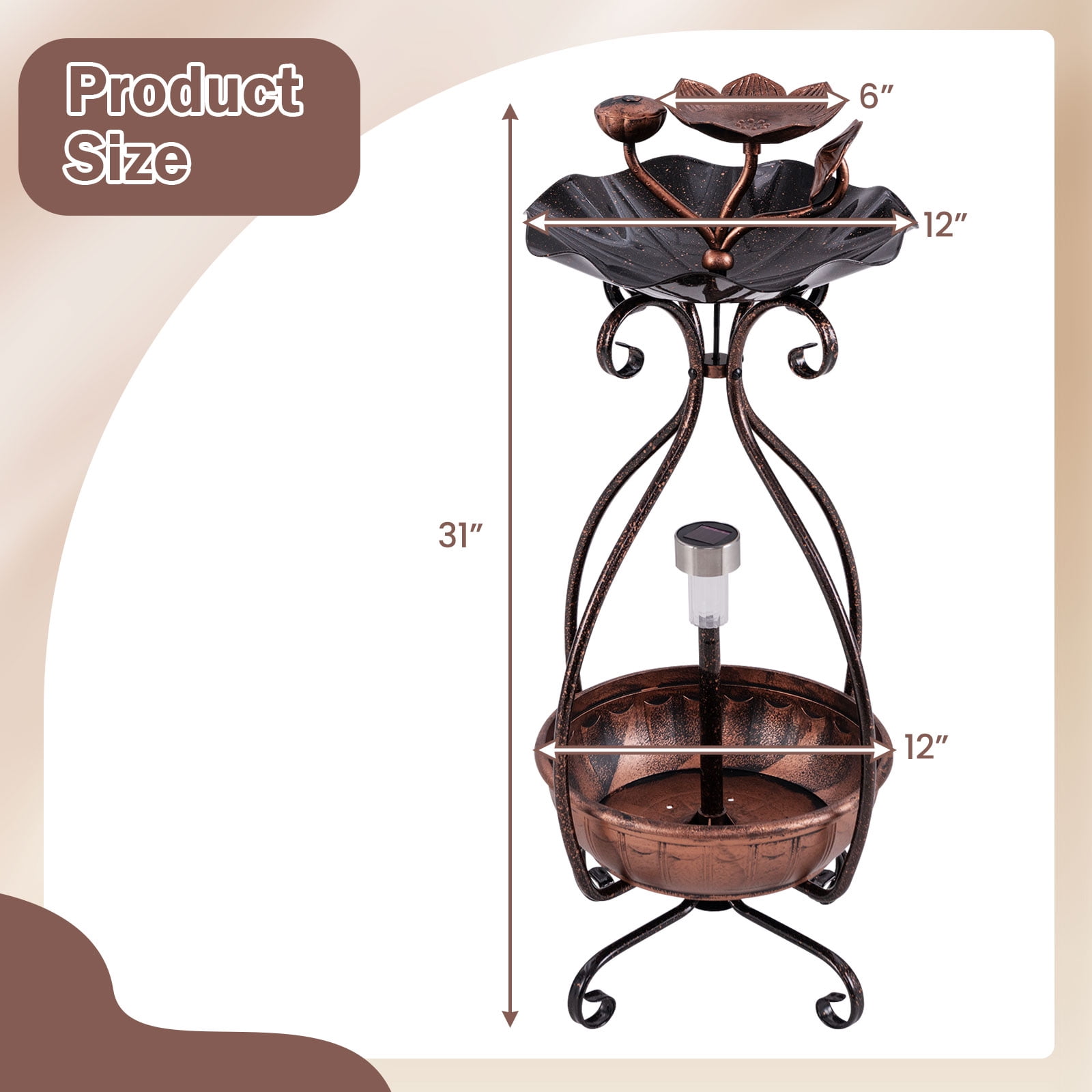 Infans Solar Outdoor Bird Bath & Feeder Combo w/ Flower Planter Pedestal & Solar Lights