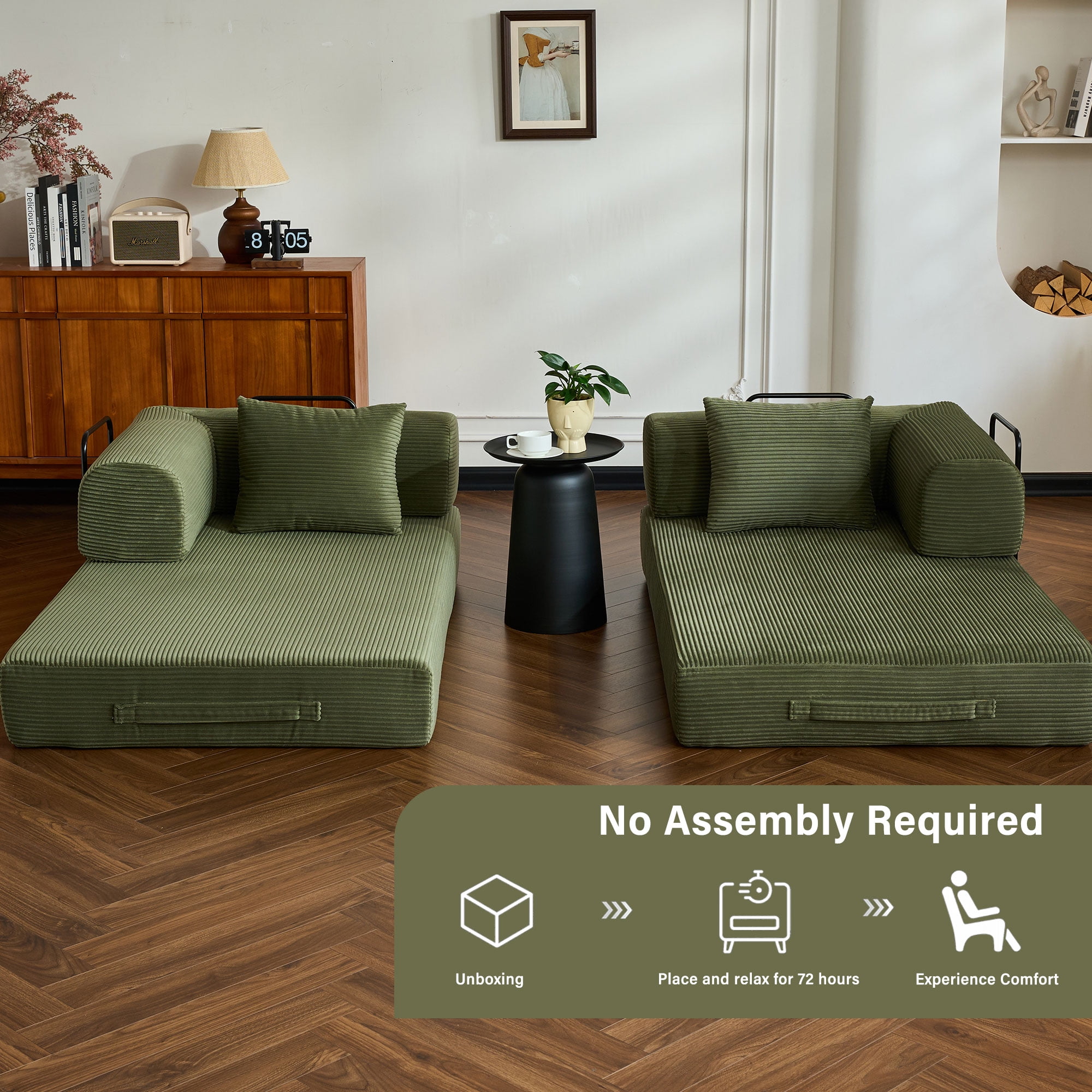 59" 5-in-1 Convertible Corduroy Sofa Bed, No-Assembly Boneless Loveseat Pull-Out Sleeper for Small Spaces(Green)