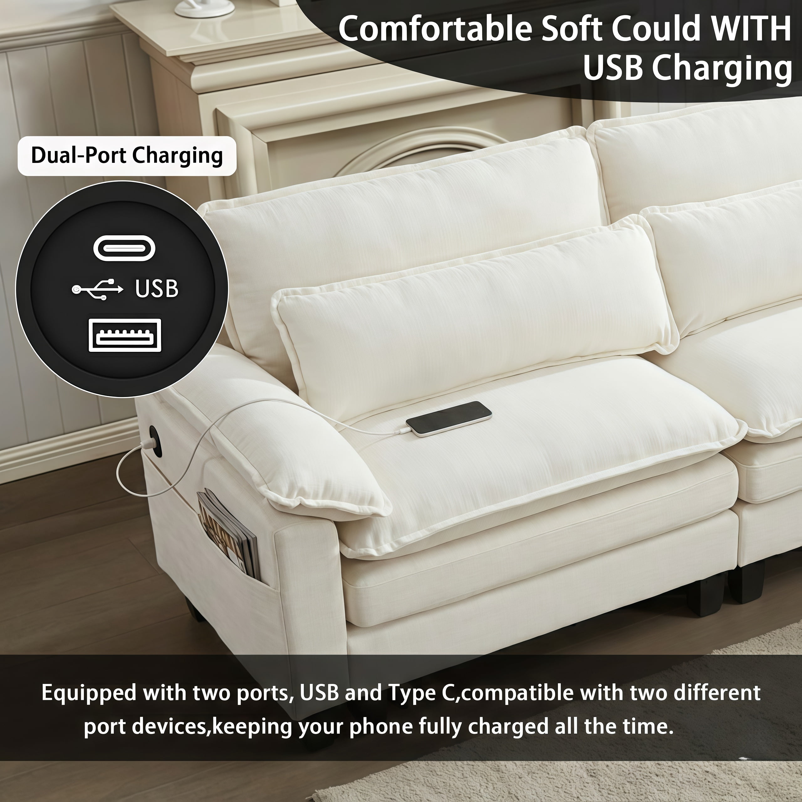 EPOWP 113'' Modular Sectional Sofa,U Shaped Couch with Movable Ottoman, Convertible Sectional Couches with Deep Seat, 3 Seat for Living Room Comfy Cloud Sofa with USB Side Pockets & Charging(Beige)