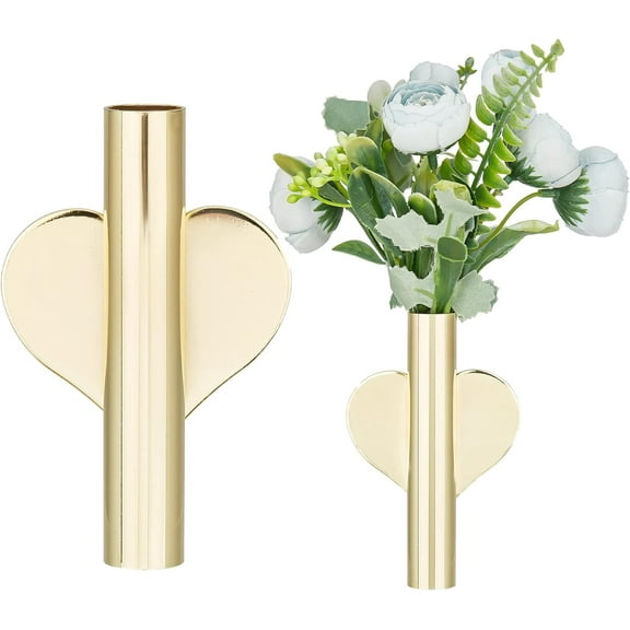 2pcs Heart Wall Vase Tubes Metal Stick On Wall-Mounted golden Wall Decor Dried Flowers Mini Heart Shaped Plant Holder for Bedroom Living Room Party Christmas