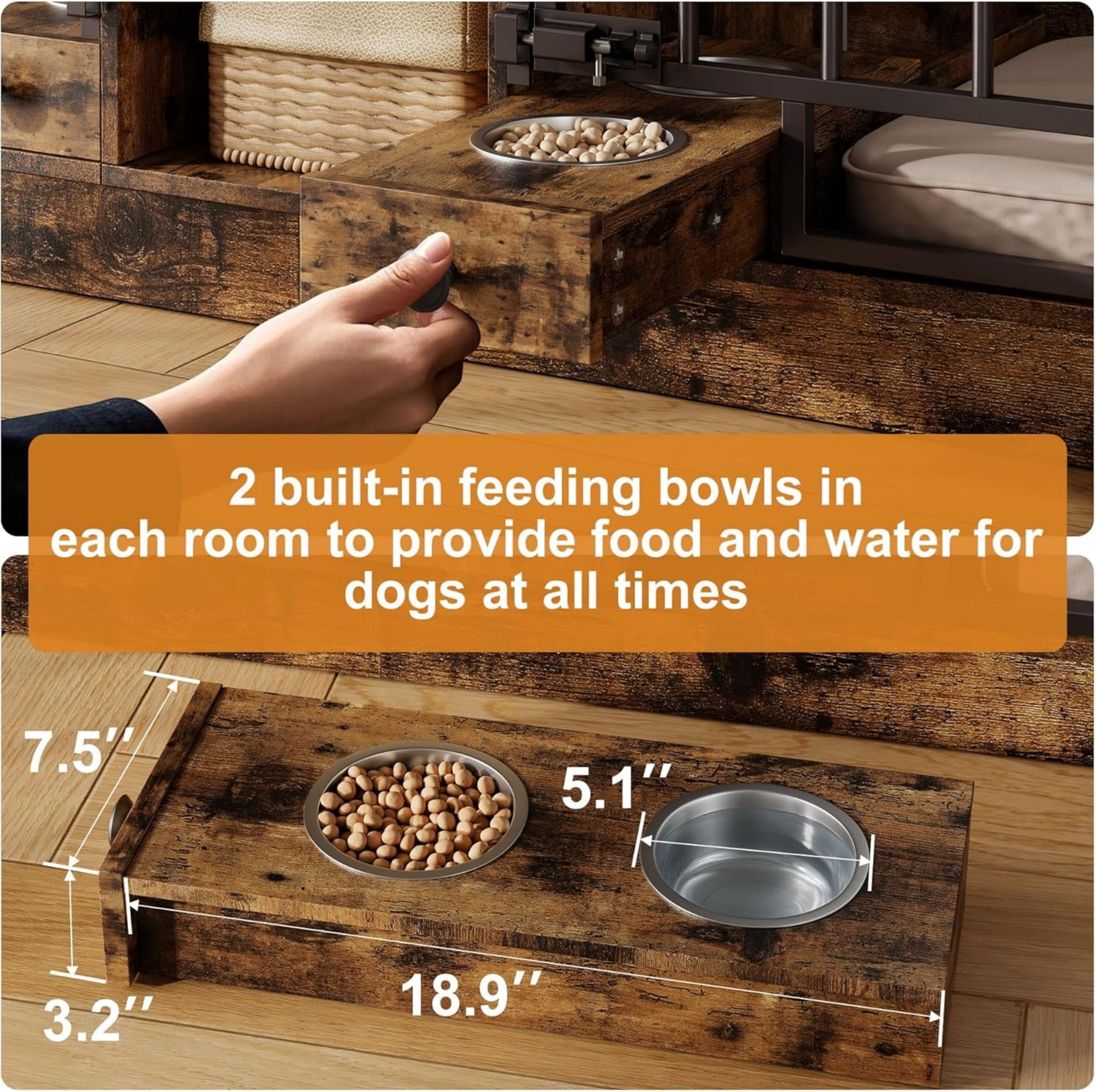 Accreate Dog Crate Furniture for 2 Dog, 78.7'' Large Dog Kennel Indoor with 2 Storage Drawers, 3 Shelves and Feeding Bowls, Double Dog Crate TV Stand for Small and Medium Dogs