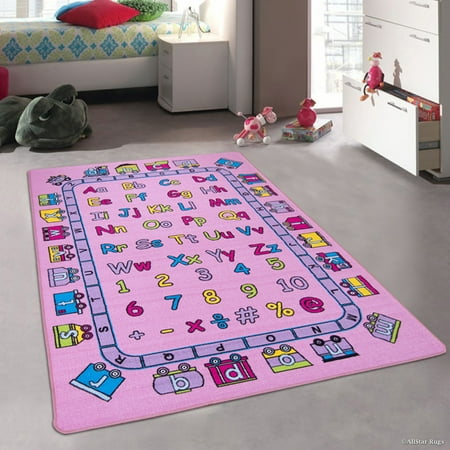 Allstar Pink Kids / Baby Room Area Rug. Learn ABC / Alphabet Letters Numbers with a Train Bright Colorful Vibrant Colors (3' 3