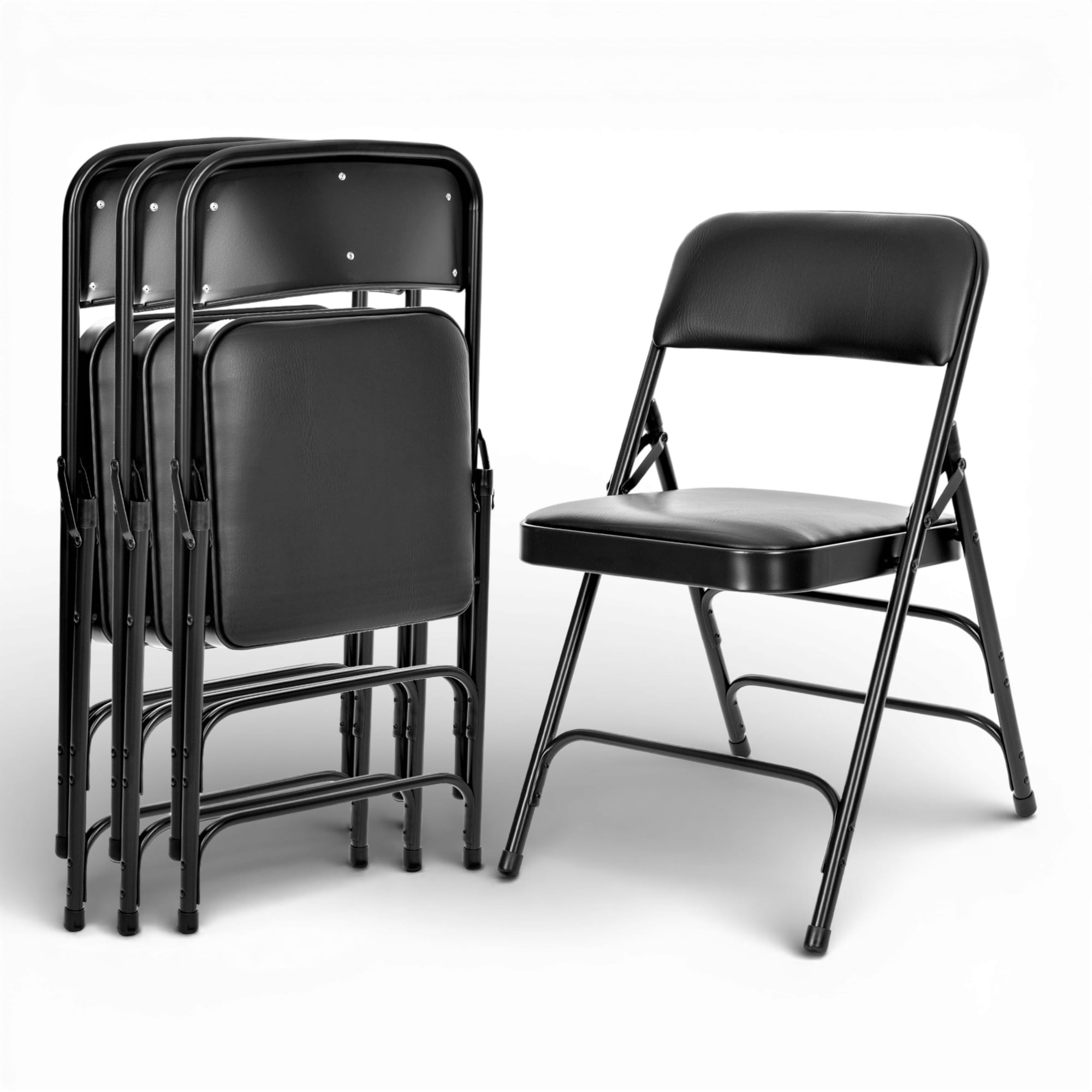 Hampden Furnishings Bernadine Collection Vinyl Triple Brace Folding Chair, Black, Pack of 4