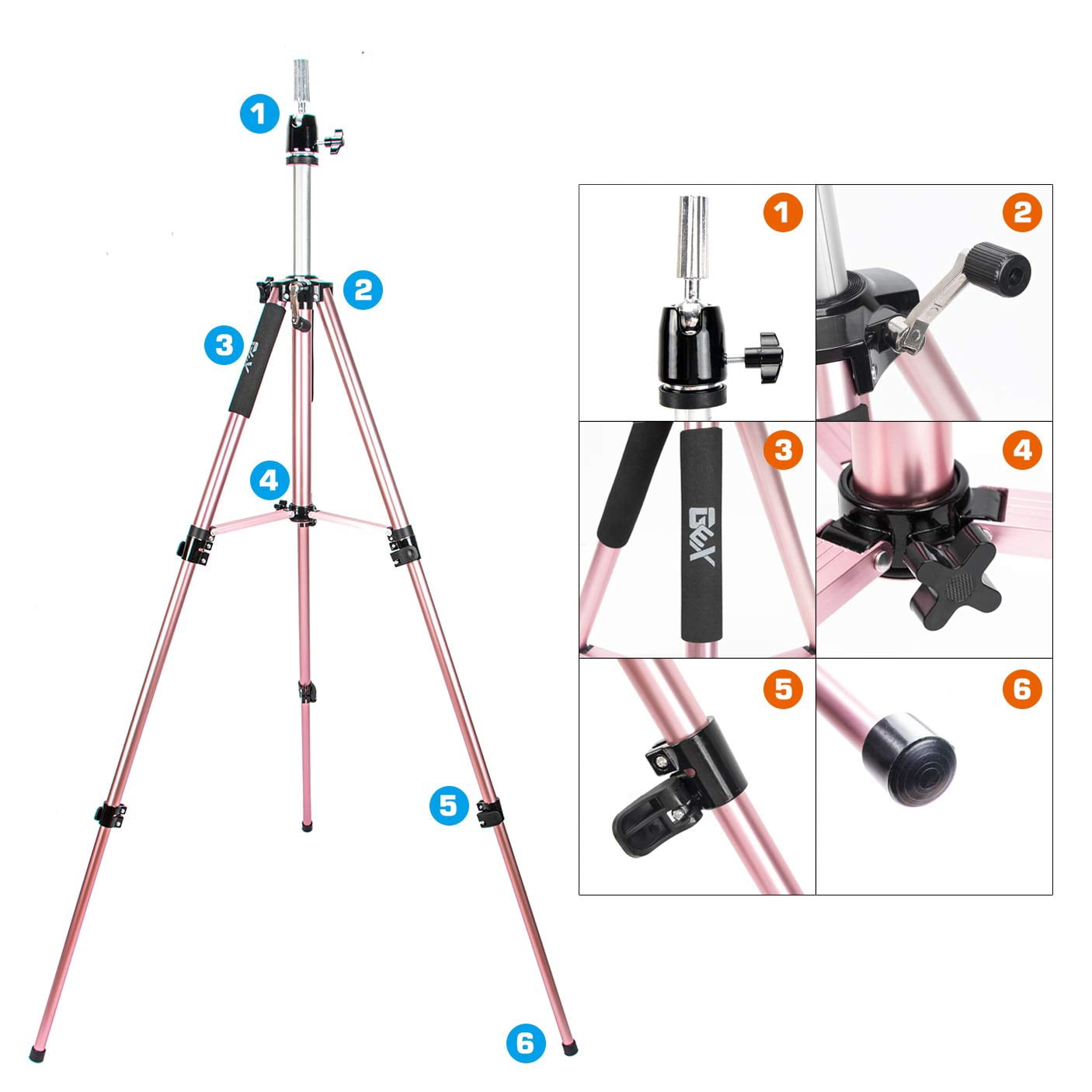 GEX Upgraded Heavy Duty Canvas Block Head Tripod Cosmetology Training Doll Head Stand Mannequin Manikin Head Tripod Wig Stand With Travel Bag (Rose Gold(Version 2.0))
