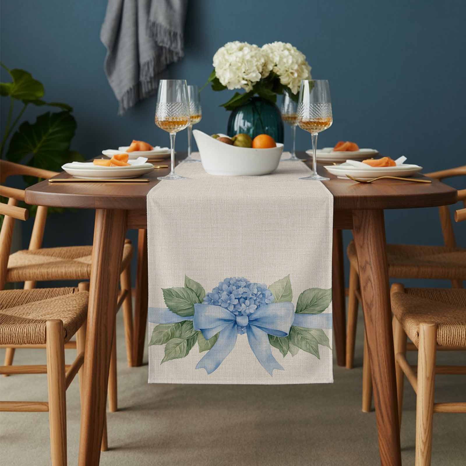 Blue Bow Hydrangea Cotton Linen Table Runner Spring Flower Green Leaf Watercolor Linen Texture Dining Table Runners for Home Decor Party Dining Room Restaurant Kitchen 13" x 108"