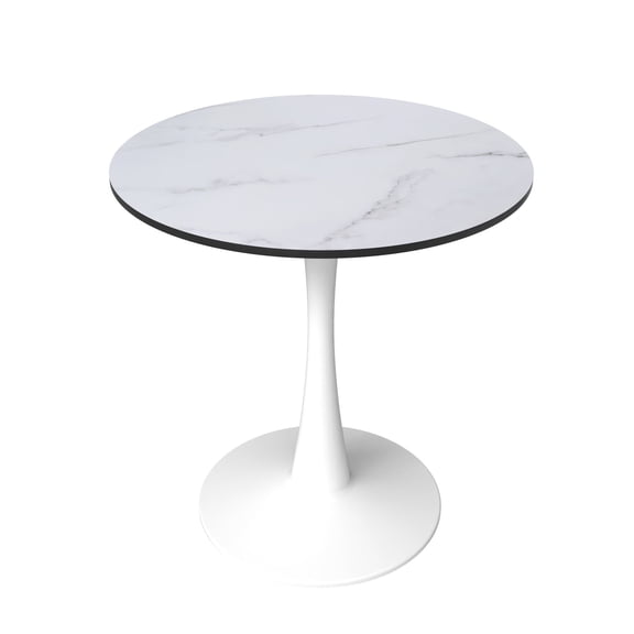 LeisureMod Bristol 27" Round Dining Table with MDF Wood Top and White Steel Pedestal Base for Kitchen and Living Room in Marbled White