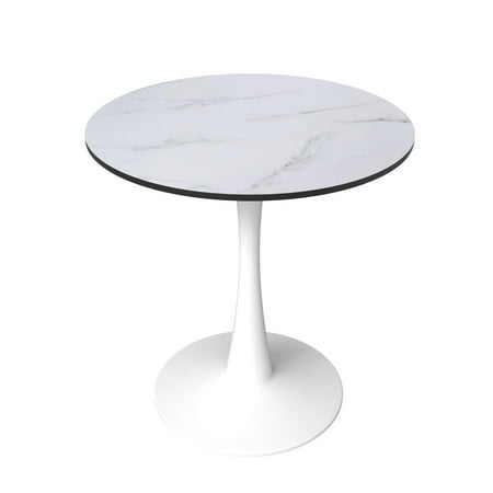 LeisureMod Bristol 27 Round Dining Table with MDF Wood Top and White Steel Pedestal Base for Kitchen and Living Room in Marbled White