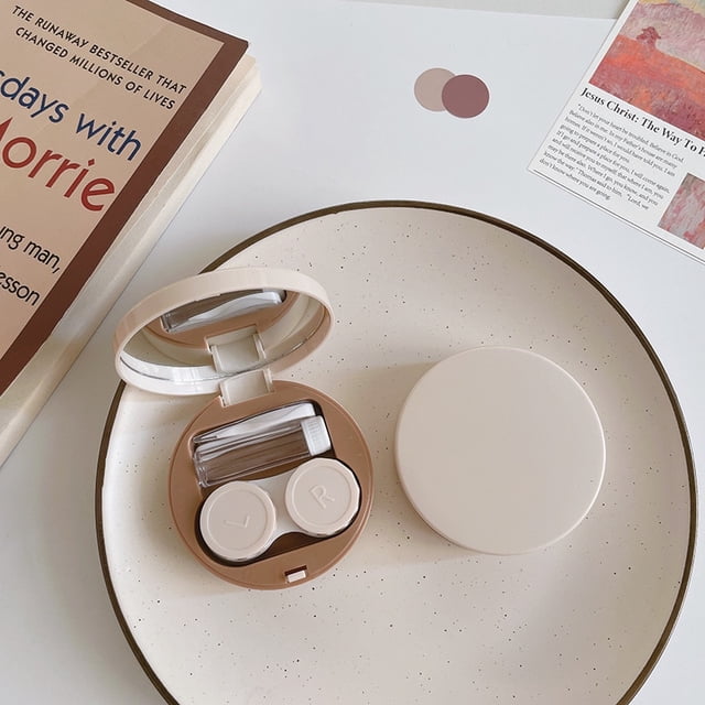 Coffee Contact Lens Case Women Ins Color Contact Lenses Container Portable Travel Set Gift Girl(Milk White)