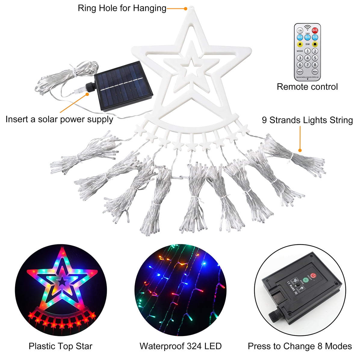 Magotan 12.5ft 350 LED Waterfall Christmas Lights Outdoor Decoration Twinkle Solar Christmas Tree String Lights with Top Star Xmas Holiday Garden Yard Decoration, Multicolor
