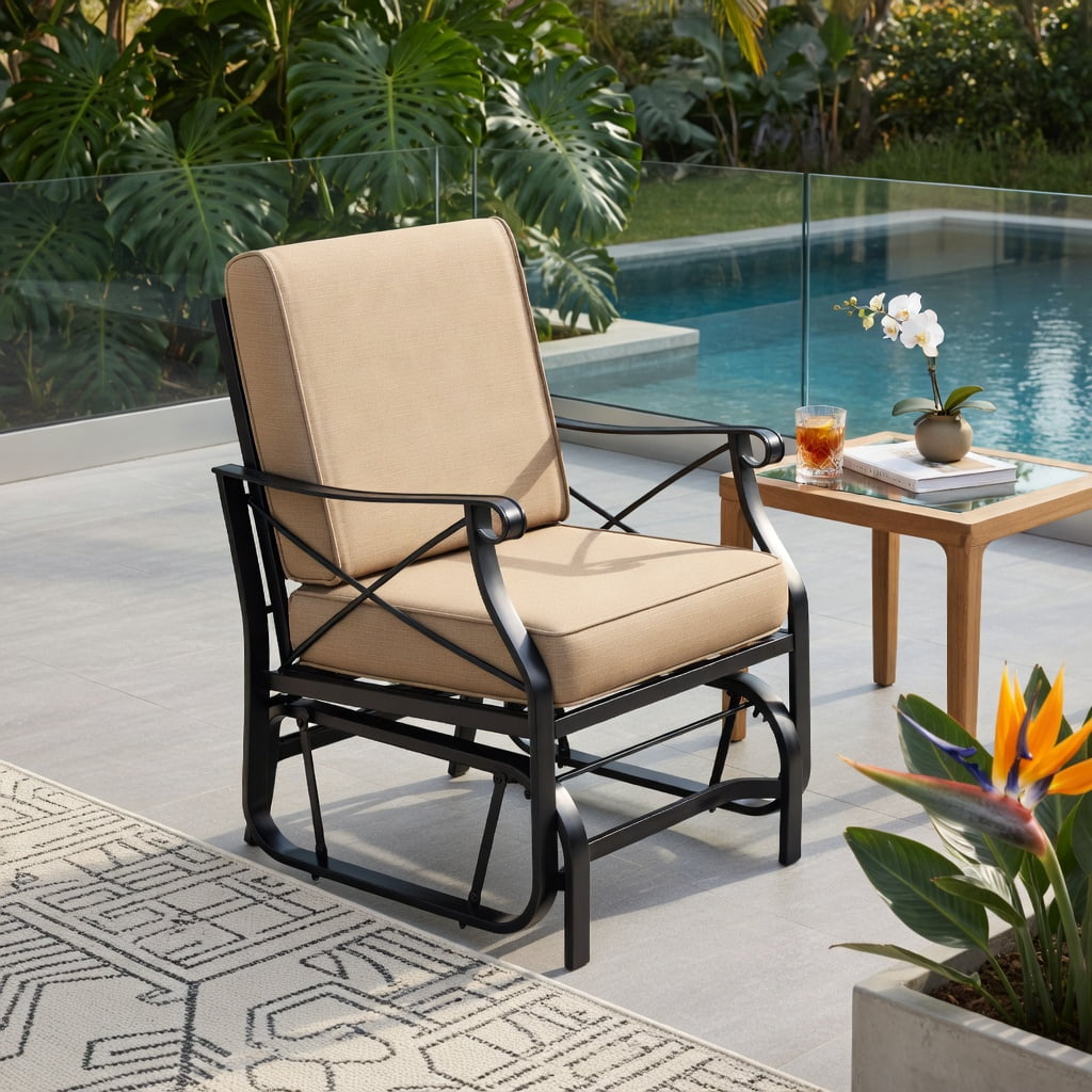 Hommoo Patio Glider Rocking Chair with Black Metal Frame, Thick Breathable Cushions & Smooth Quiet Glide, Outdoor Porch, Deck or Backyard Seating, Beige