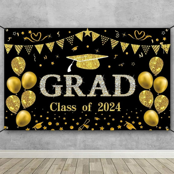Black Gold Graduation Party Decorations 2025, Class of 2025 Graduation Congrats Grad Banner Backdrop for Girls Boys, College Graduation Party Supplies Banners and Signs