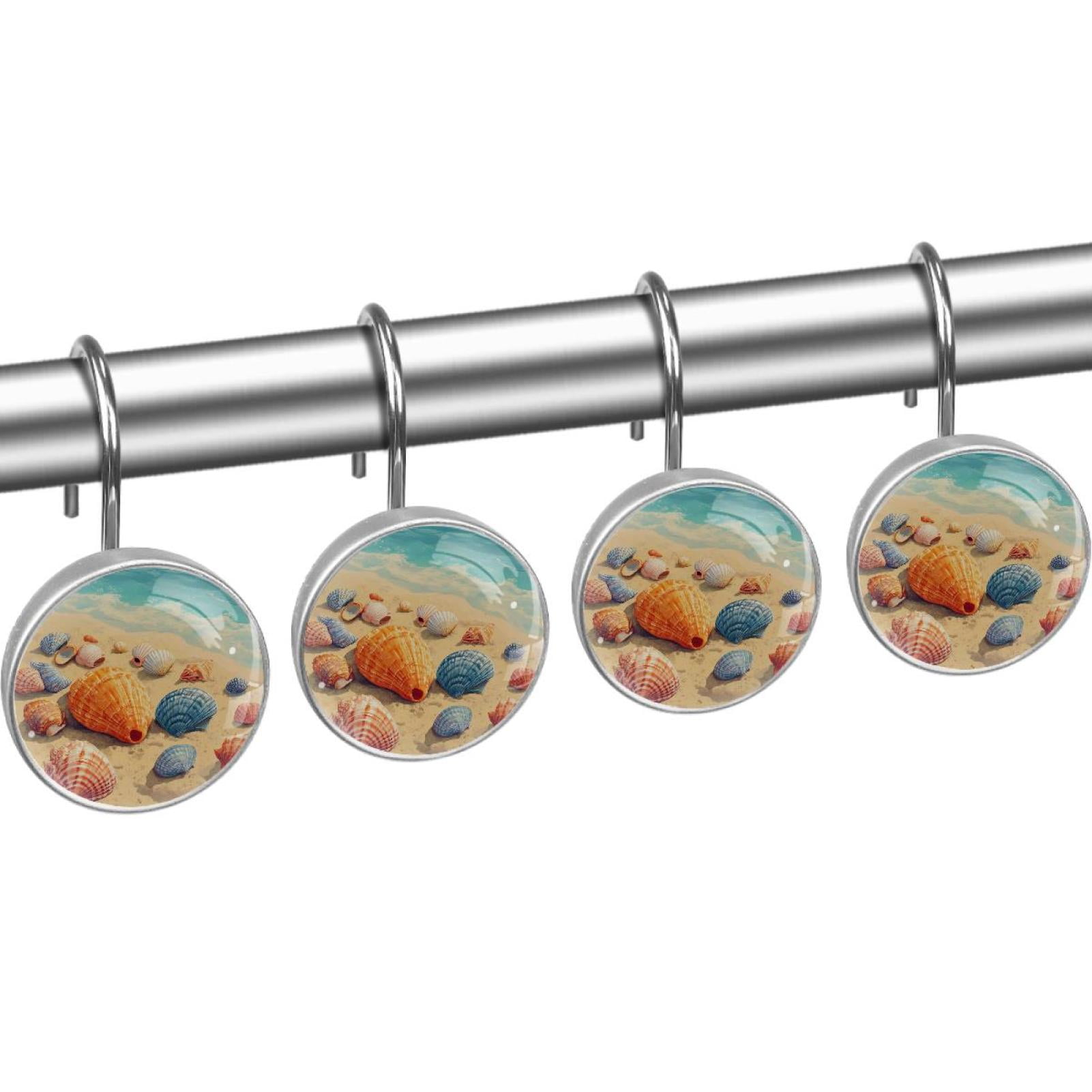 Beach Sand Shells Shower Curtain Hooks Round Crystal Glass, Set of 12 Shower Curtain Rings - Shower Hooks for Curtain Shower Rings