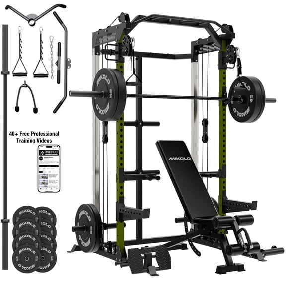 Mikolo Power Cage, Squat Rack With Dual Pulley Cable Crossover System, Multifunction Free Weight Home Gym Workout Machine With Green Color and Bench Barbell and 230lb Weight Plates