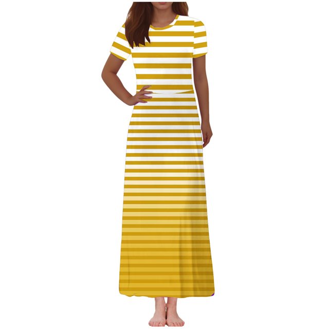 Vestido Corto de Verano de la Moda de las Mujeres Impreso de Manga Corta Cuello Redondo Tobillo de Longitud Vestido Casual