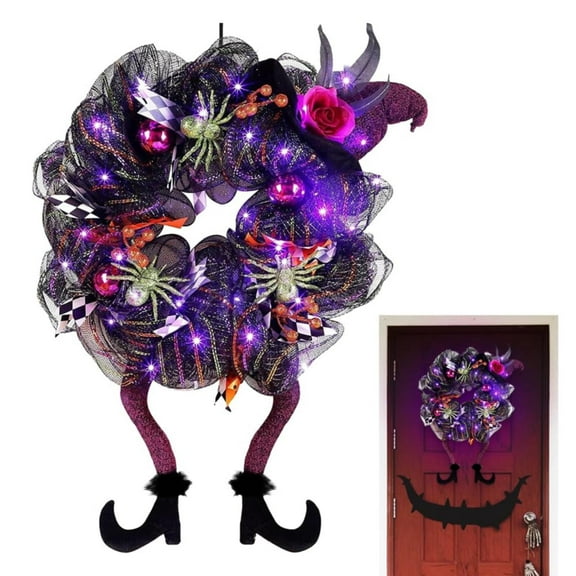 Noothes 30" LED Witch Wreath - Purple Lighted Halloween Door Decor with Adjustable Lights, Handmade Witch Hat & Legs for Porch, Window & Indoor Spooky Decor