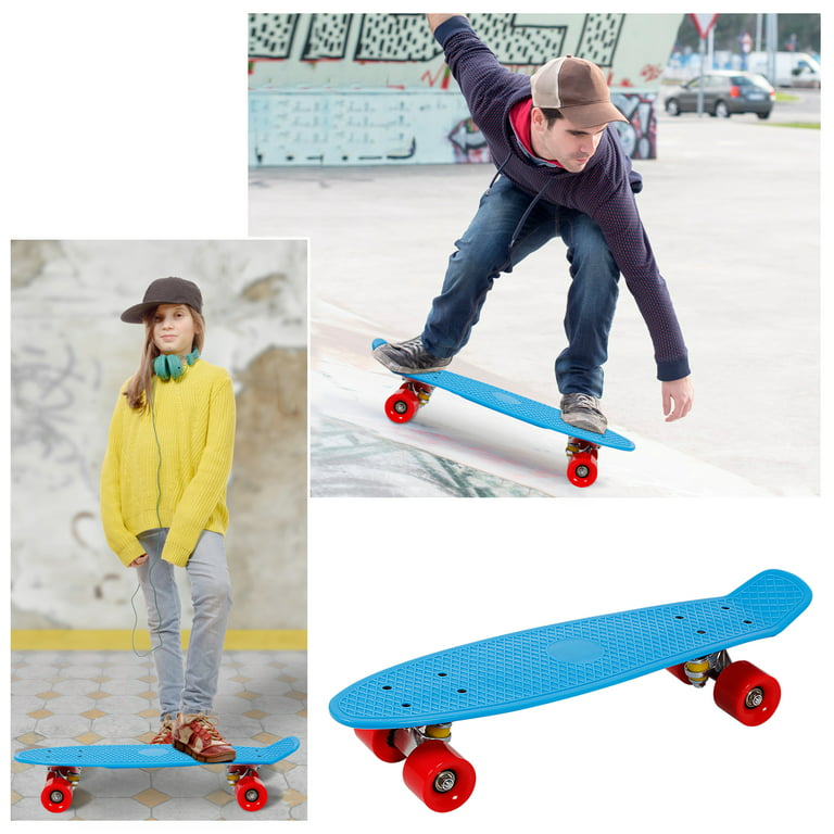 Kids Pro Stunt Mini Skateboard Beginner Children Tricks Plastic Skateboard  for kids with T Tool Accessory Blue