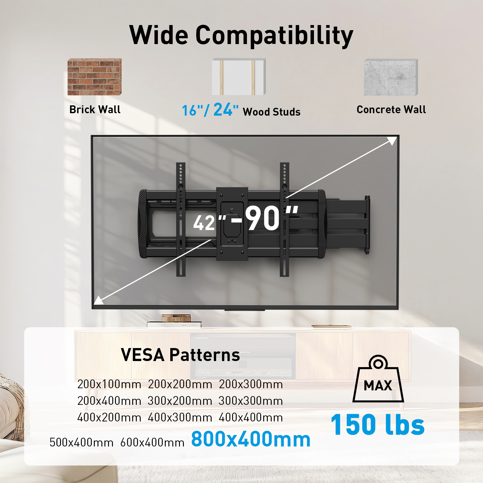 MountFTV Full Motion Long Arm TV Mount 42-90 Inch, 150 lbs photo 2
