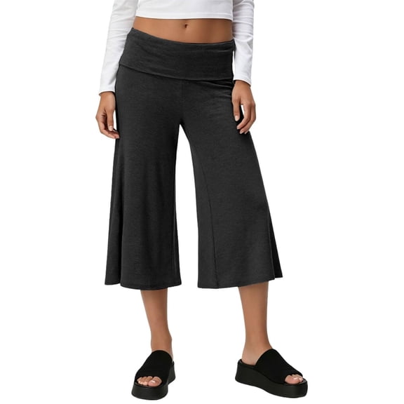 iHPH7 Women’s Wide Leg Cropped Pants High Waisted Culottes Loose Fit Capri Pants Soft Stretch Knit Casual Summer Lounge Palazzo Pants Breathable Lightweight with Pockets Black L