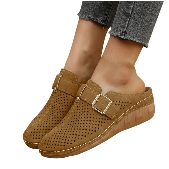 Mules for Women Slide Closed Toe Hollow out Buckle Decor Soft Sole Non Slip Comfortable Breathable Summer Walking Wedge Sandals Brown