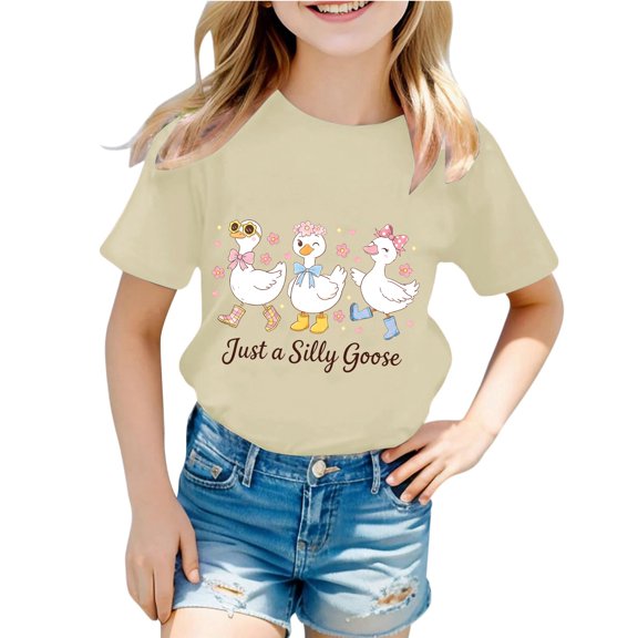 Tisuna Girl'S T Shirts Child Cartoon Print Short Sleeve Crew Neck Tops Trendy Kids Everyday Wear Outfits Size 1-2 Years Beige