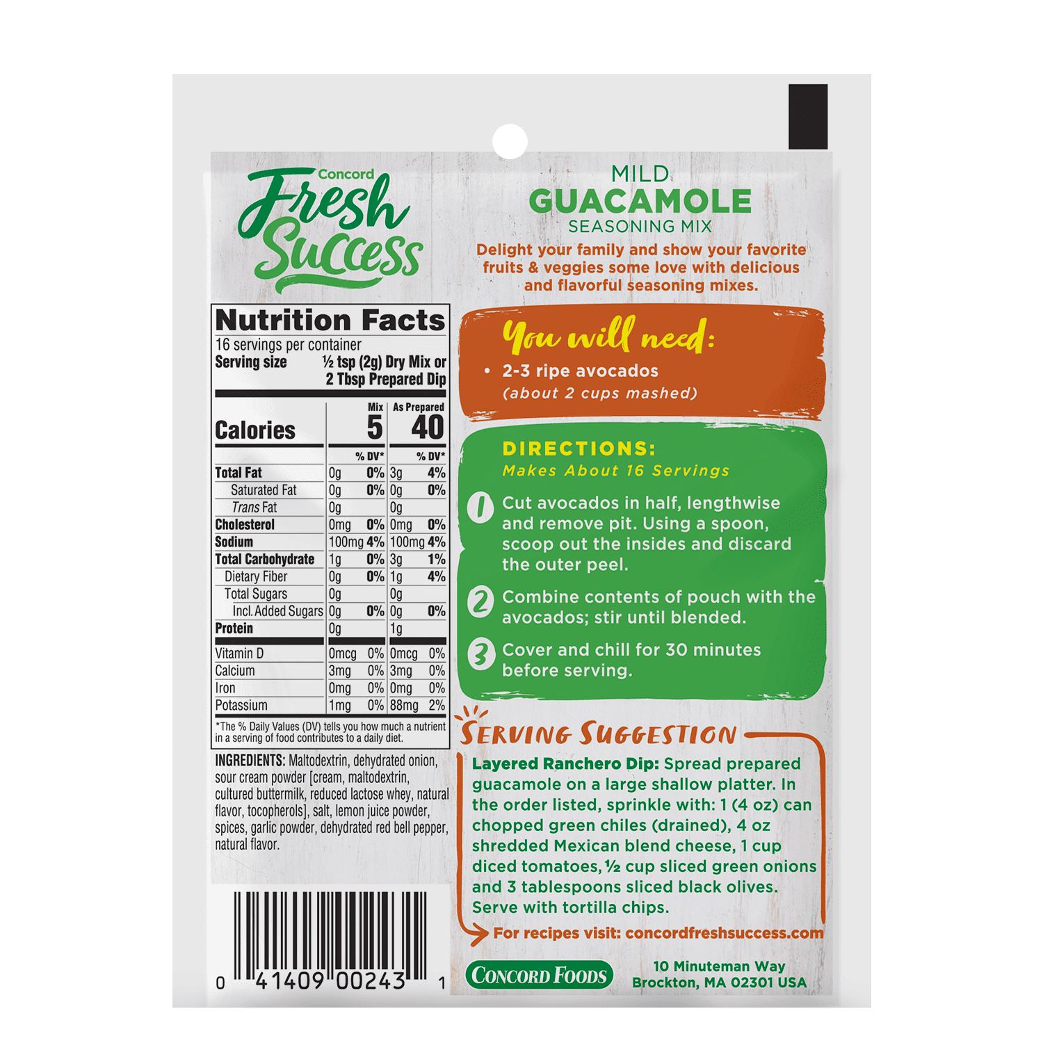Concord Foods Mild Guacamole Mix, 1.1 oz