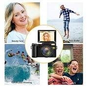 Angle View: Digital Camera Vlogging Camera for YouTube with Flip Screen Cameras for Photography 2.7K UHD 30MP 3.0 Inch Camera with Retractable Flashlight with 32GB Memory Card and 2 Batteries