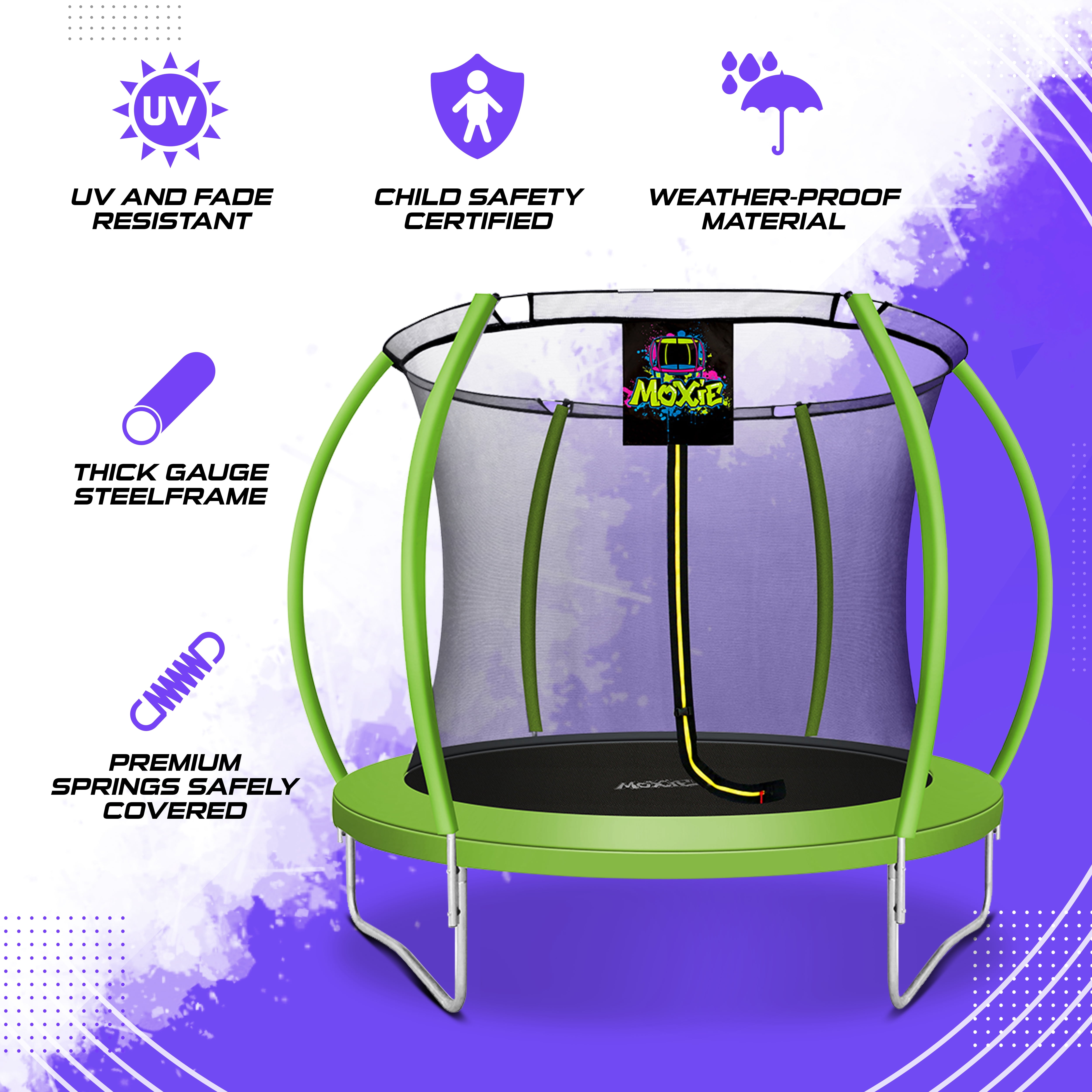 Machrus Moxie Pumpkin-Shaped Outdoor Trampoline Set with Premium Top-Ring Frame Safety Enclosure, 8 FT - Green Apple