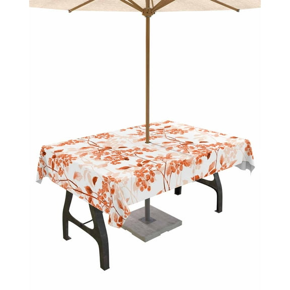 nqOlkjepod Burnt Orange Botanical Outdoor Tablecloth with Umbrella Hole & Zipper, Vintage Nature Flower Rectangle Table Cover 52x70 Inch, Dining Waterproof Table Cloth Protector for Patio/Party