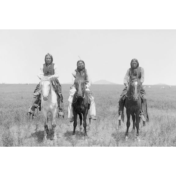 24x36 gallery poster, Three mounted Comanche warriors, Photo by James Mooney, 1892