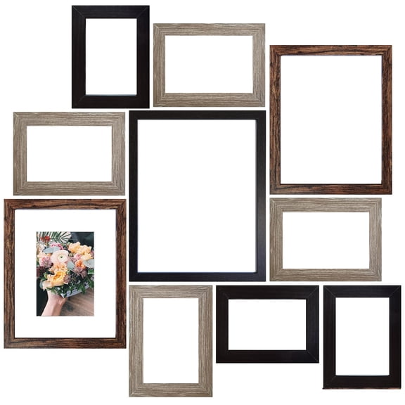 Picture Frames Collage Set, Gallery Wall Frame Kit with 11x14, 8x10, 5x7, 4x6 Sizes in 3 Finishes, Set of 10, Ideal for Living Room, Bedroom, Office Wall Decor, Black, Wood Grain Brown, Gray