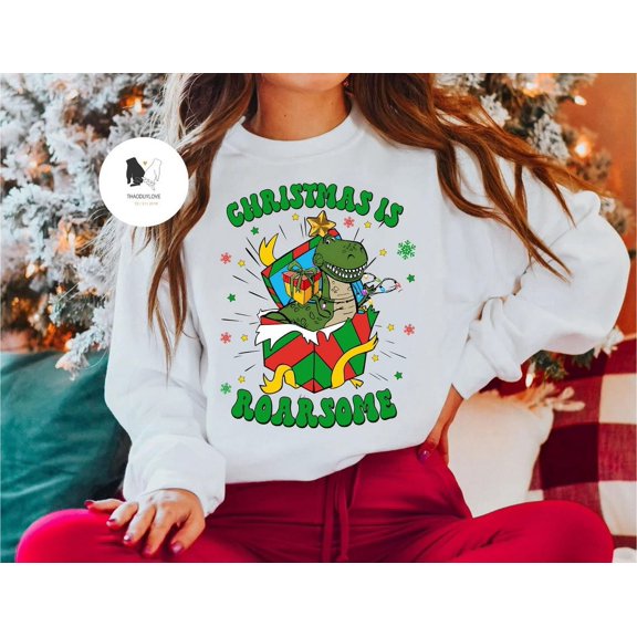 Christmas is Roarsome Sweatshirt, Toy Story Rex Christmas shirt, Disney Christmas Sweater, Xmas Toy Story Character, Disney Family Xmas, Sport Grey color, size 3XL