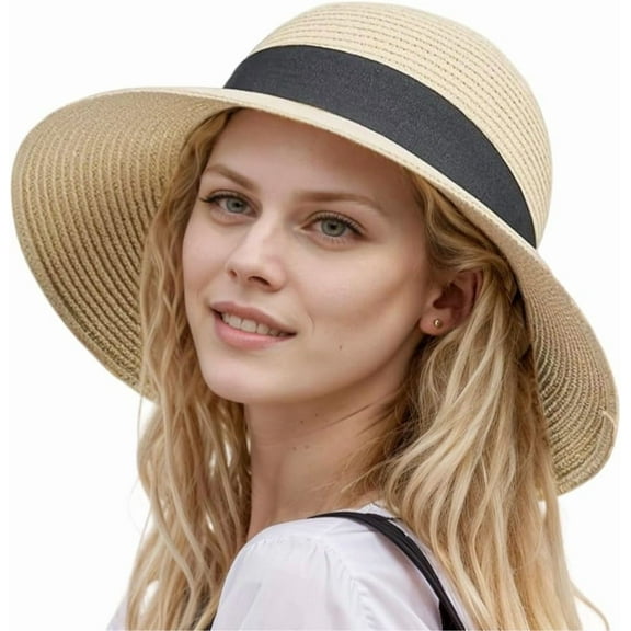 Womens Floppy Beach Sun Straw Hat Foldable Travel Wide Brim Summer Bucket Hat UPF 50 
