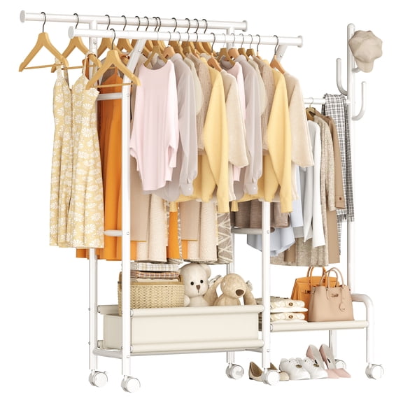 Homeiju Heavy Duty Clothes Rack Load 500LBS, Three Rods Clothing Racks for Hanging Clothes Extendable, Rolling Garment Rack with Sturdy Wheels, Basket, Storage Shelves, White