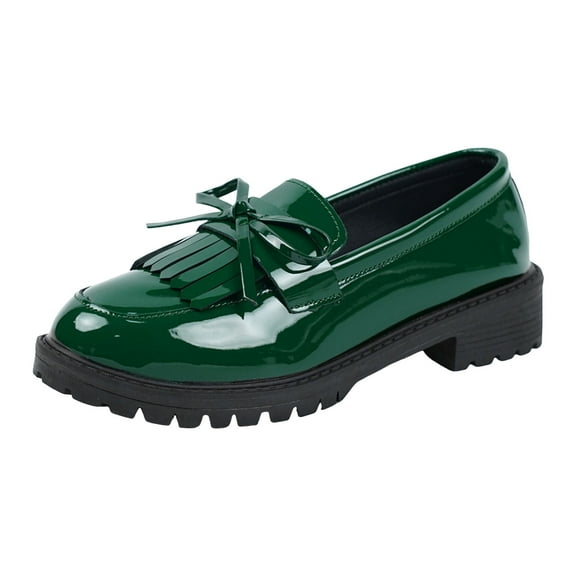 Women's Fringe Patent Leather Loafers Slip On Chunky Platform Casual Dress Shoes Cute Bowknot Mary Jane Shoes Green Size 9