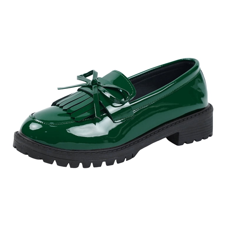 Rokment Fringe Oxfords Dress Shoes for Women Ladies 2026 Spring Fall Fashion Casual Leather Tassel Bow Low Heel Slip On Penny Loafer Ballet Flat Green