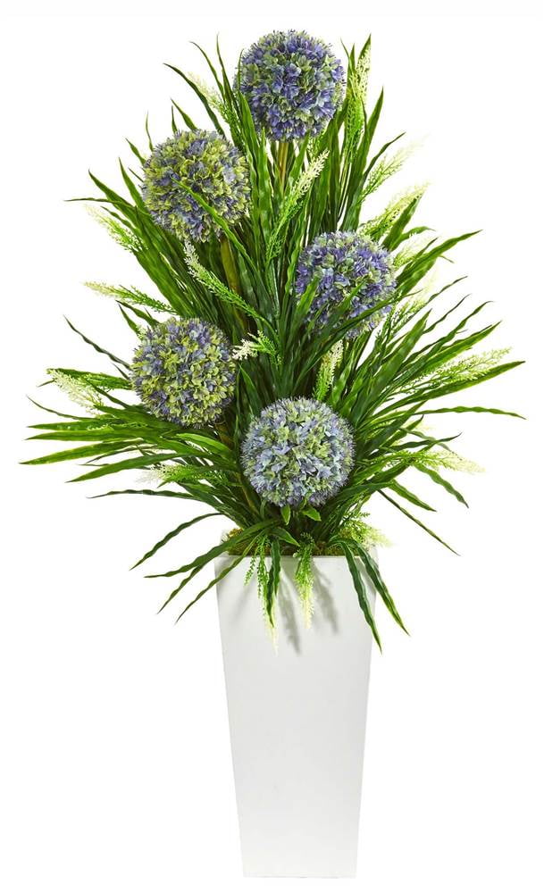 Photo 1 of 3 Ball Flower Grass Artificial Arrangement in Planter