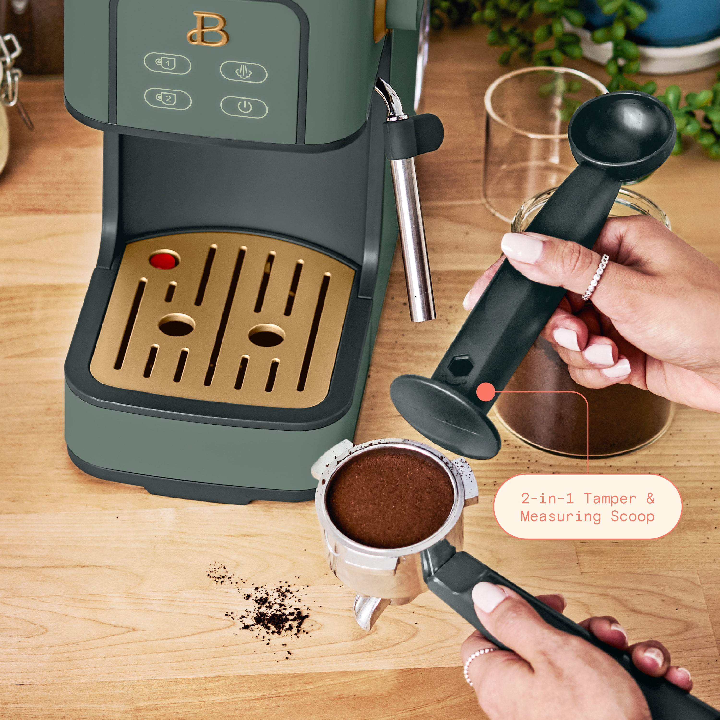 Beautiful Slim Espresso Machine with 20-Bar Pressure, Thyme Green by Drew Barrymore